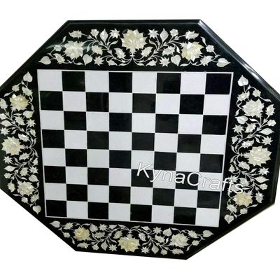 30 x 30 Inches Chess Game Table for Drawing Room Decor Mother of Pearl Inlay Work Octagonal Shape Black Marble Coffee Table Top