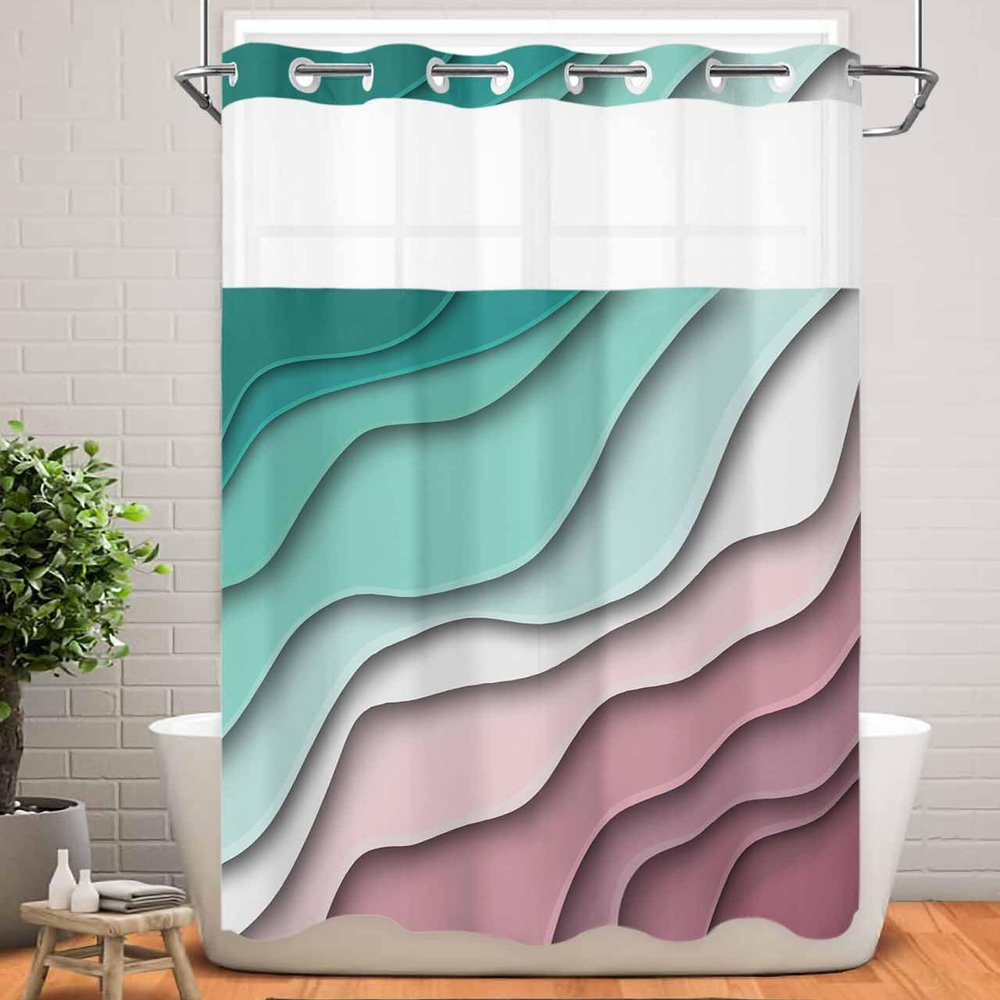 No Hook Cloth Fabric Shower Curtain with Snap in Liner, Green Purple Gradient Waterproof Shower Curtains Set with See Through Top Window, Modern Geometric Abstract Bath Curtains Shower 54"x78"