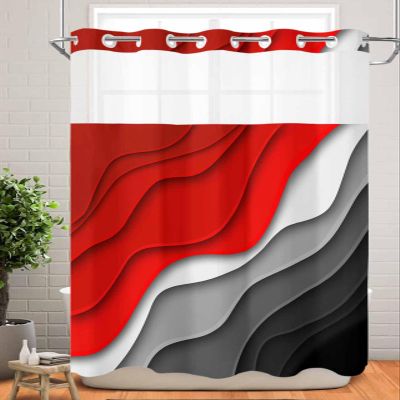 No Hook Cloth Fabric Shower Curtain with Snap in Liner, Red and Black Gradient Modern Waterproof Shower Curtains Set with See Through Top Window, Geometric Abstract Bath Curtains Shower 60"x72"