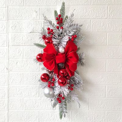 Christmas Stairs Swag, Hanging Stair Teardrop Swag Garlands Christmas Wreaths for Front Door with Pine Cones Ball Ornament and Berries Wall Window Hanging Ornament for Home Xmas Decor (Red)