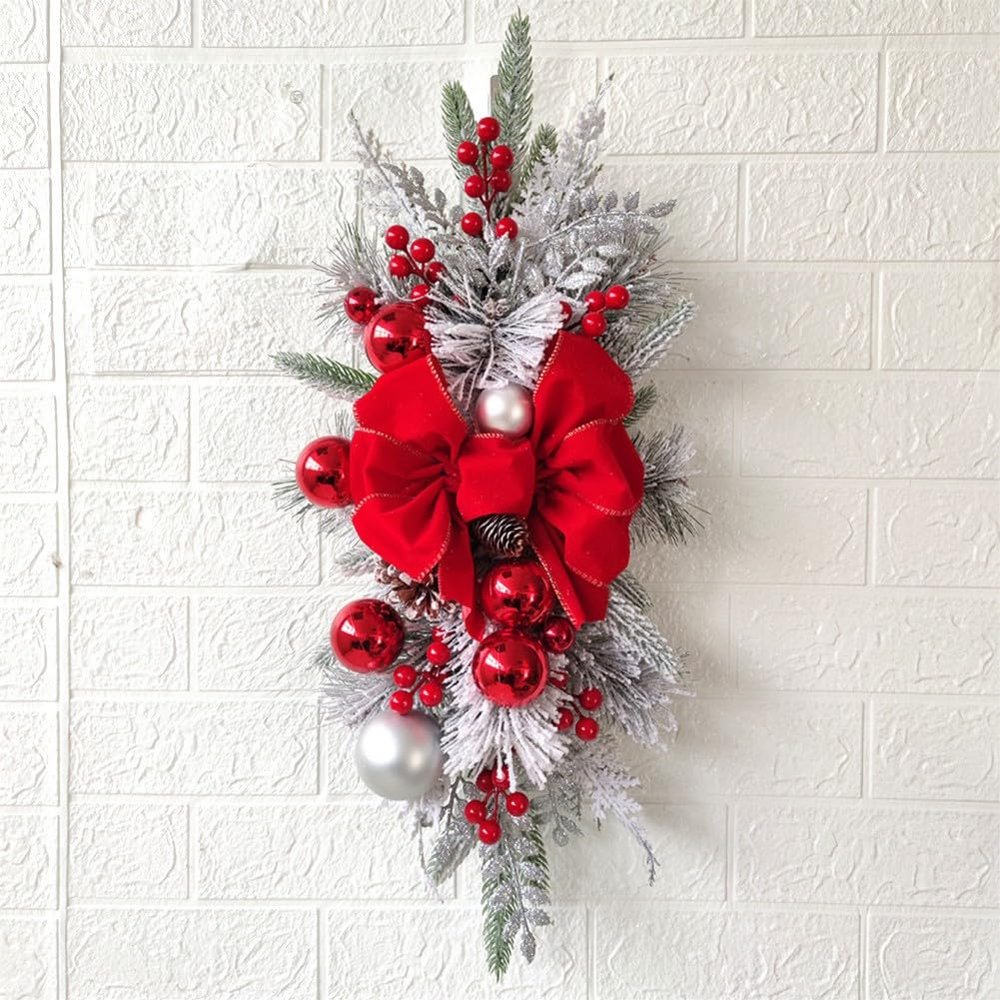 Christmas Stairs Swag, Hanging Stair Teardrop Swag Garlands Christmas Wreaths for Front Door with Pine Cones Ball Ornament and Berries Wall Window Hanging Ornament for Home Xmas Decor (Red)