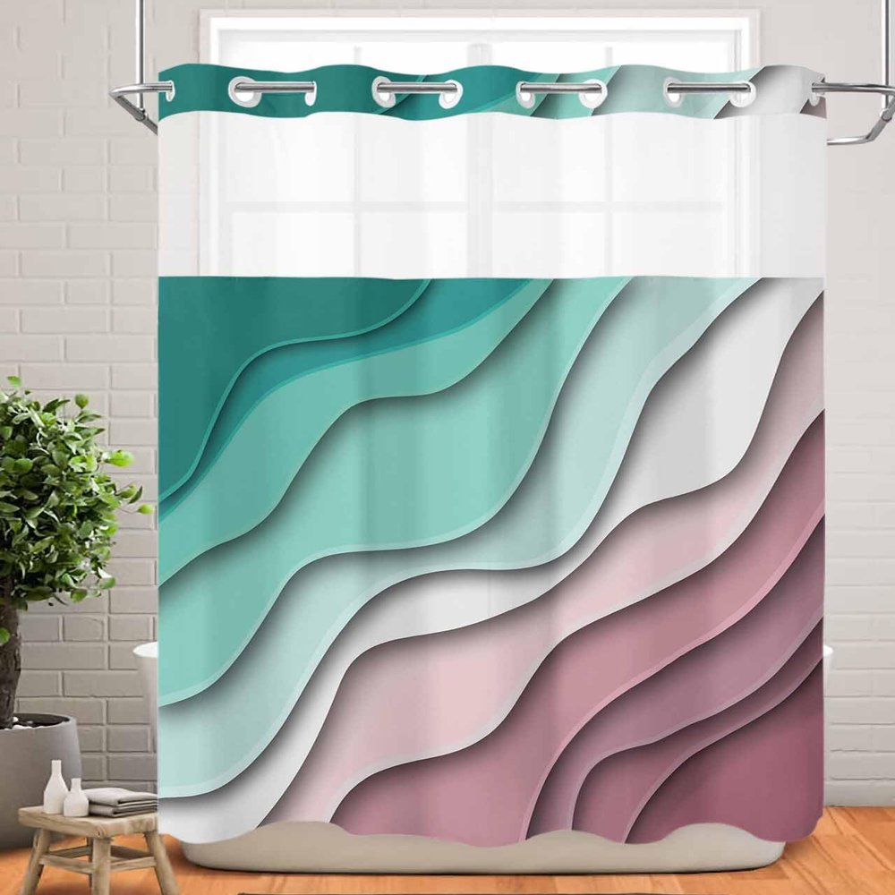 No Hook Cloth Fabric Shower Curtain with Snap in Liner, Green Purple Gradient Waterproof Shower Curtains Set with See Through Top Window, Modern Geometric Abstract Bath Curtains Shower 60"x72"