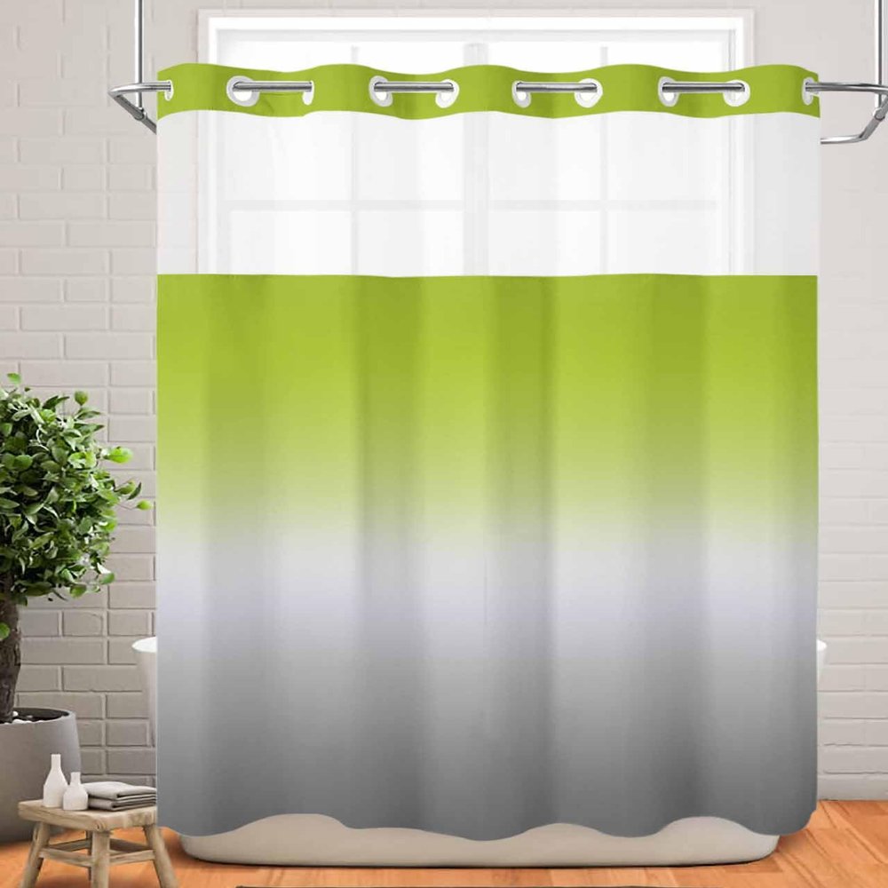 No Hook Cloth Fabric Shower Curtain with Snap in Liner, Modern Simple Waterproof Shower Curtains Set with See Through Top Window, Green Gray Gradient Bath Curtains Shower 60"x72"