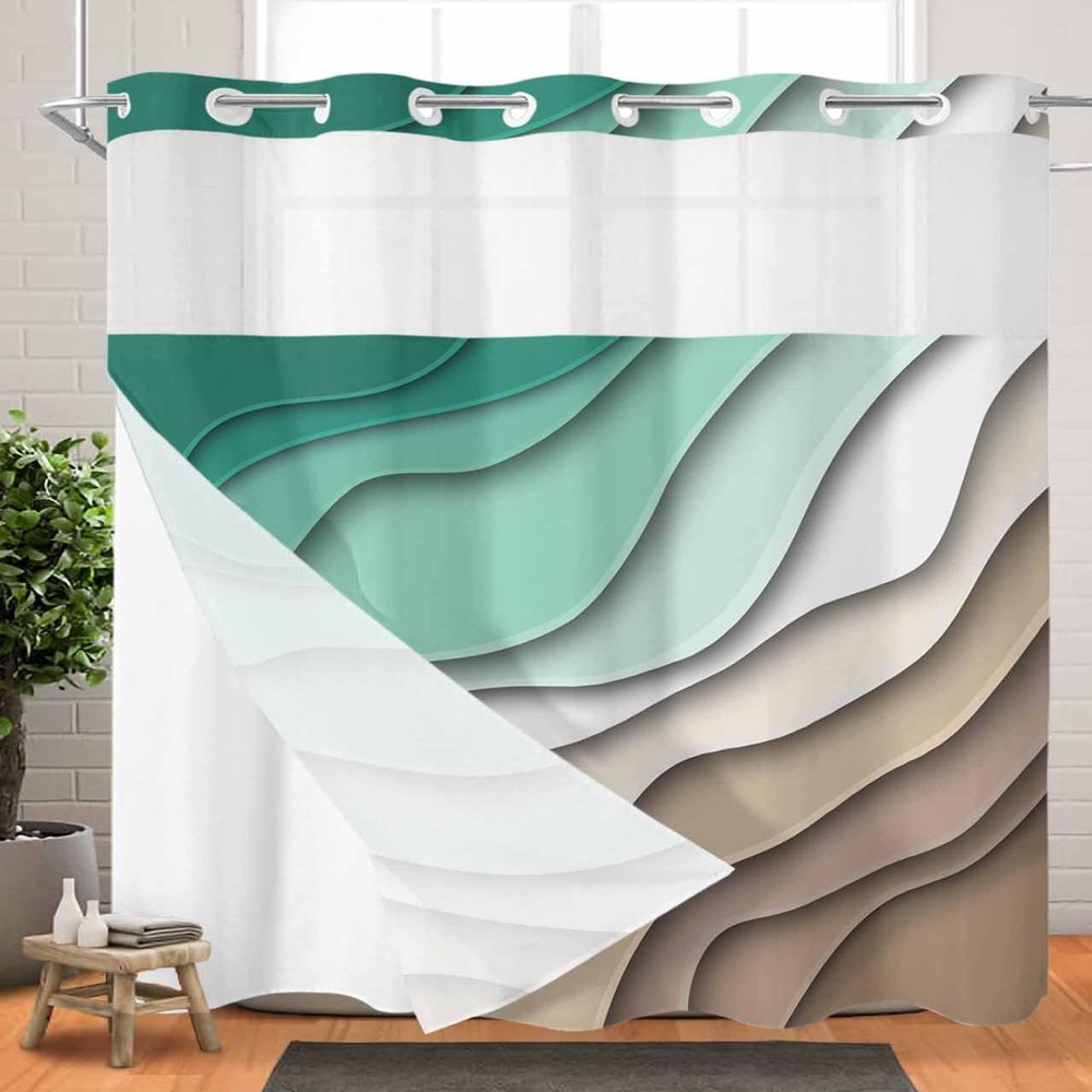No Hook Cloth Fabric Shower Curtain with Snap in Liner, Green Brown Gradient Modern Geometric Abstract Waterproof Shower Curtains Set with See Through Top Window, Bath Curtains Shower 72"x72"
