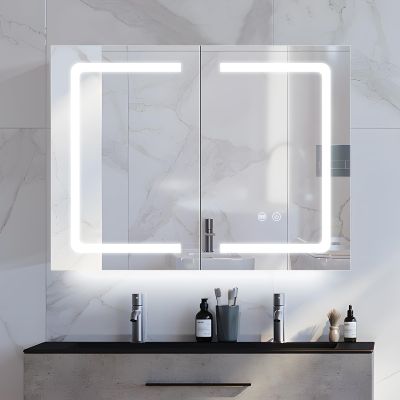 Black Bathroom Mirror Medicine Cabinets with LED Lights, Wall Mounted Mirror Medicine Cabinet with Adustable Shelf, Shaver Socket and Plug, 2 Doors, Anti Fog, Dimmable, Memory Function, 32 x 24 inch