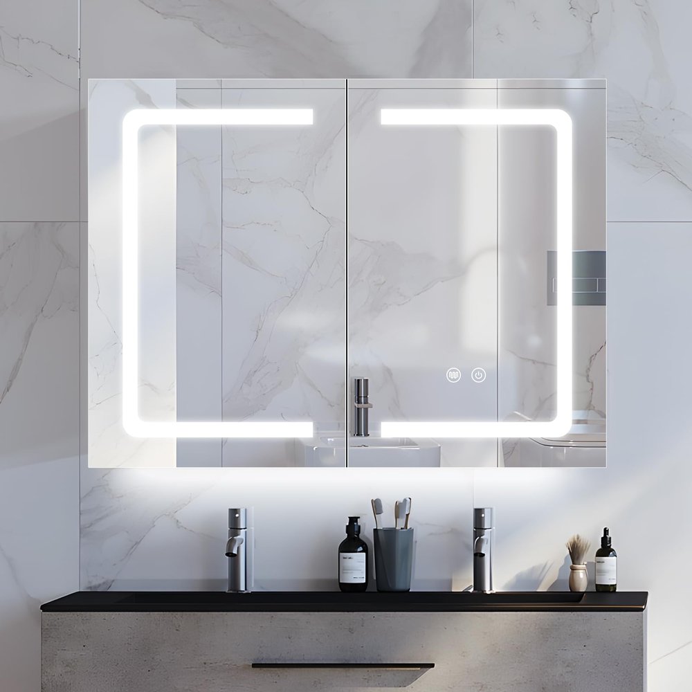Black Bathroom Mirror Medicine Cabinets with LED Lights, Wall Mounted Mirror Medicine Cabinet with Adustable Shelf, Shaver Socket and Plug, 2 Doors, Anti Fog, Dimmable, Memory Function, 32 x 24 inch