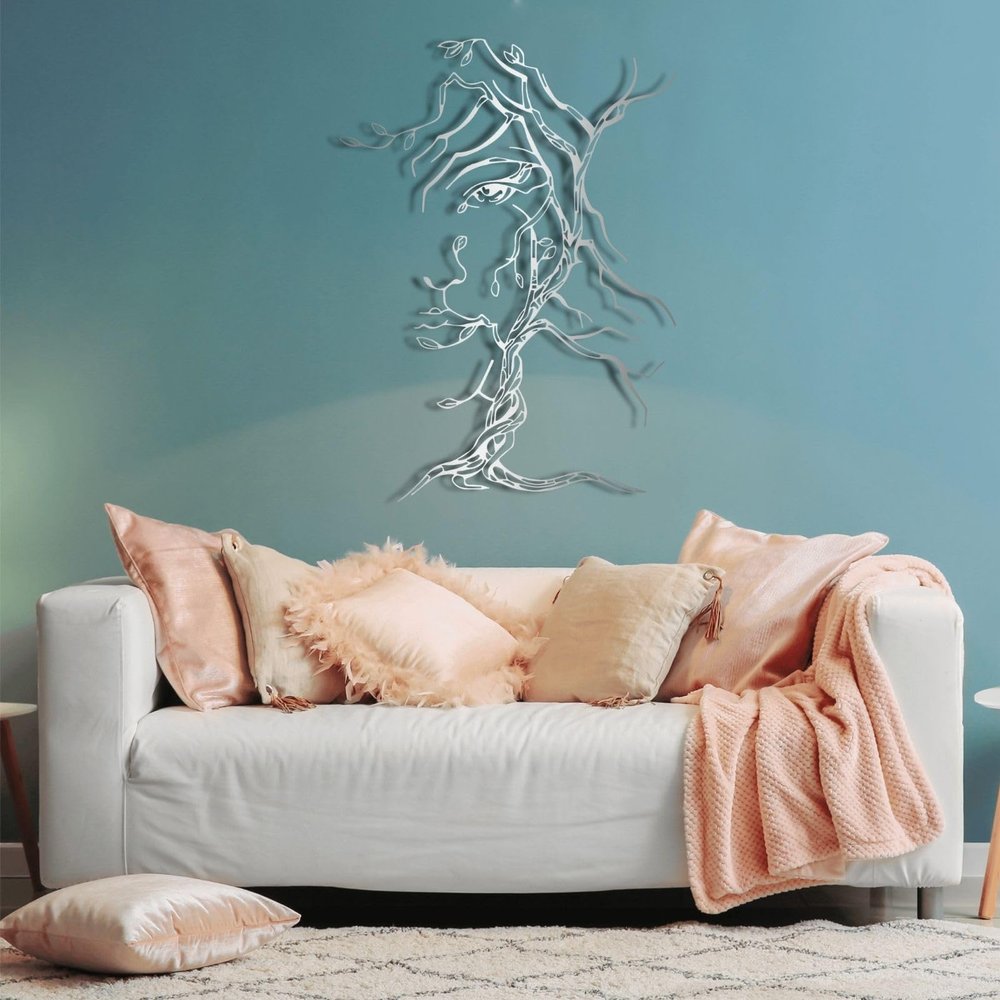 (Abstract) Metal Tree Wall Decor - Face Art, Living Room & Bedroom Decor - 38"x53.1", Silver