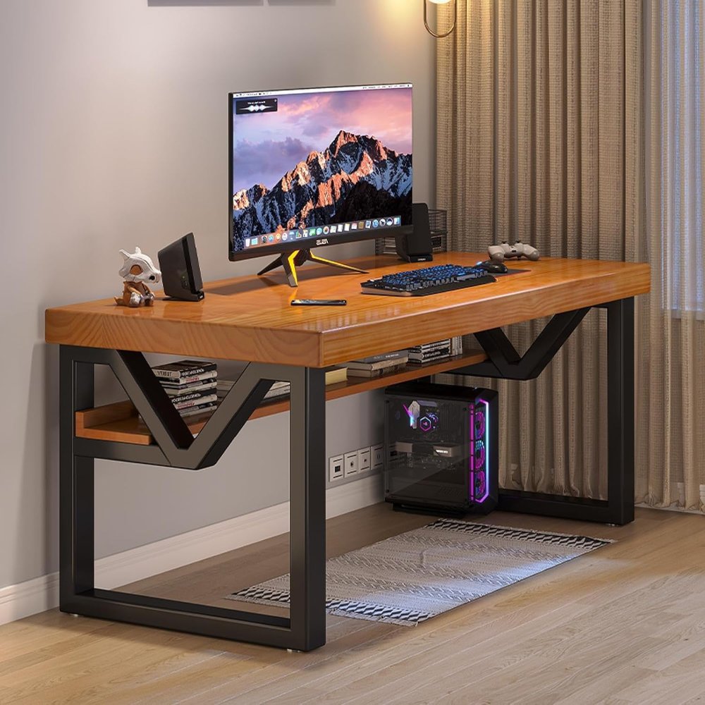 Computer Desk with Bottom Bookshelves, Home Office Desk Solid Wood Writing Desk Modern Student Study Table Computer Workstation(47 Inch)