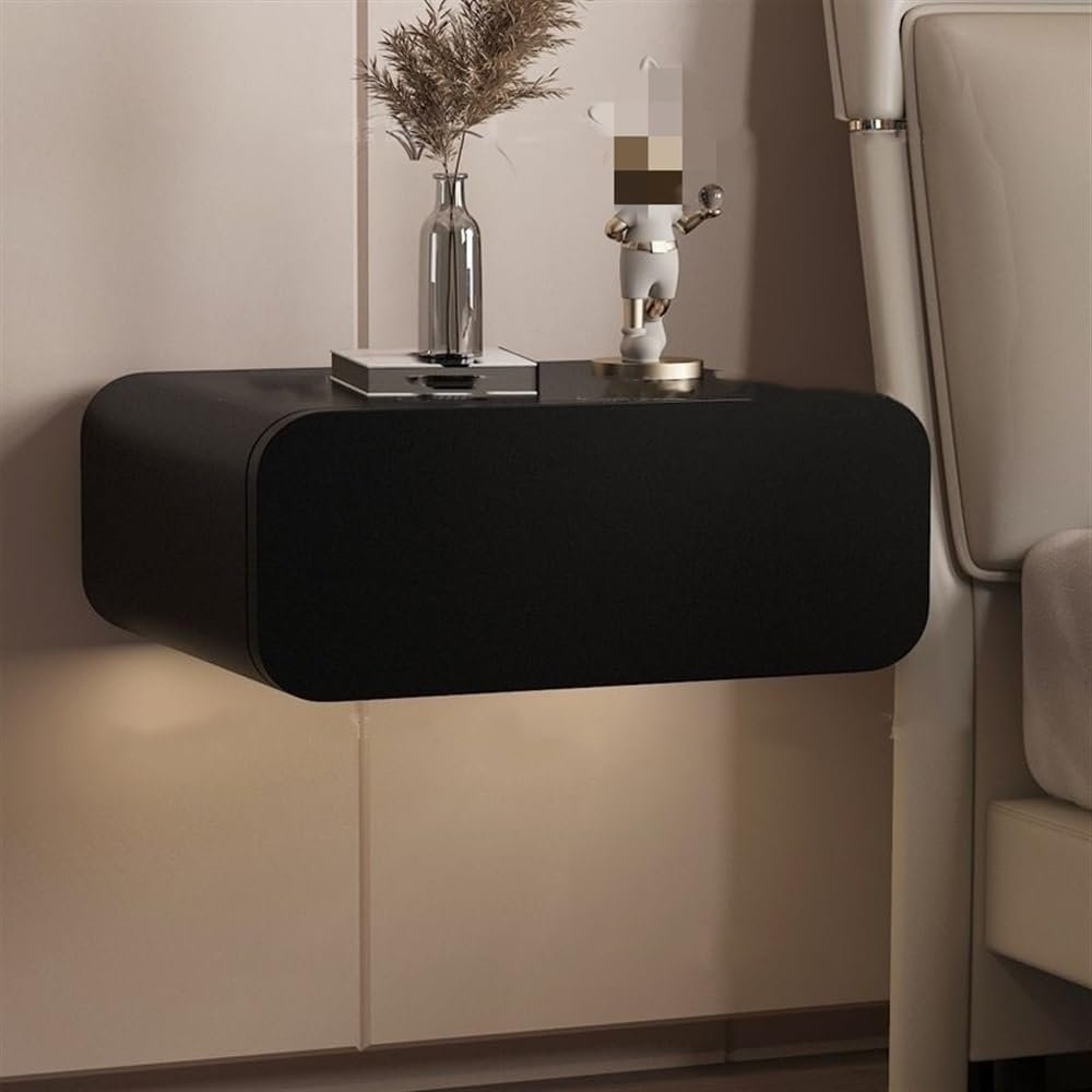 Floating Nightstand with Drawers, Wall Mounted Nightstand with Microfiber Leather, Solid Wood Floating Bedside Table, Wall Nightstand, Small Floating Side Table for Bedroom(Black,Length 11.8in/30cm)
