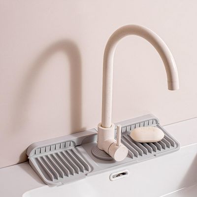2 Pieces Kitchen Sink Faucet Mat Splash Guard Silicone Draining Pad Faucet Draining Mat Bathroom Faucet Handle Drip Catcher Tray Dish Soap Sponge Holder for Kitchen Bathroom Farmhouse ,37cm,Grey