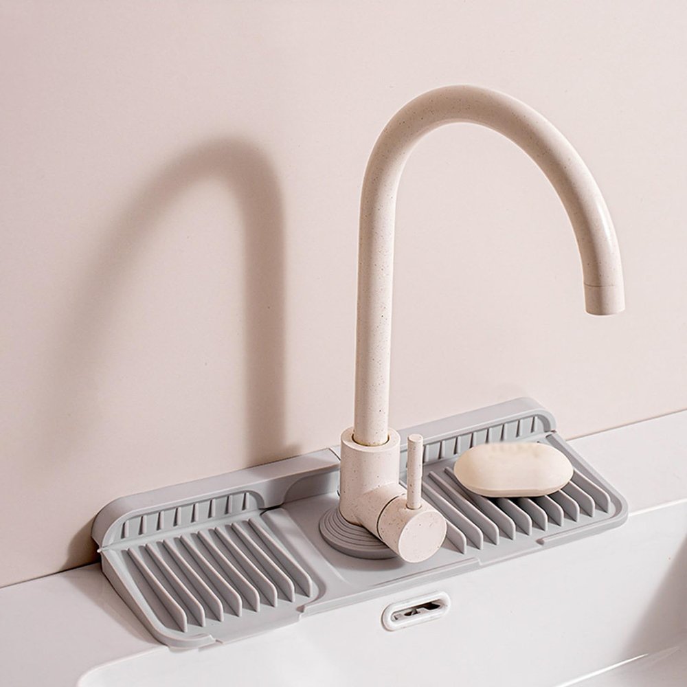 2 Pieces Kitchen Sink Faucet Mat Splash Guard Silicone Draining Pad Faucet Draining Mat Bathroom Faucet Handle Drip Catcher Tray Dish Soap Sponge Holder for Kitchen Bathroom Farmhouse ,37cm,Grey