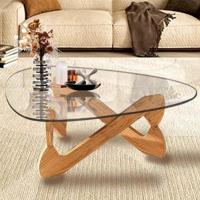 Coffee Tables for Living Room-Triangle Glass Coffee Table with Irregular Wooden Base End Table,Mid-Century Modern Abstract End Table,for Study Room Office Hotel Balcony(32.3in, Wood-Transparent)(Wood-