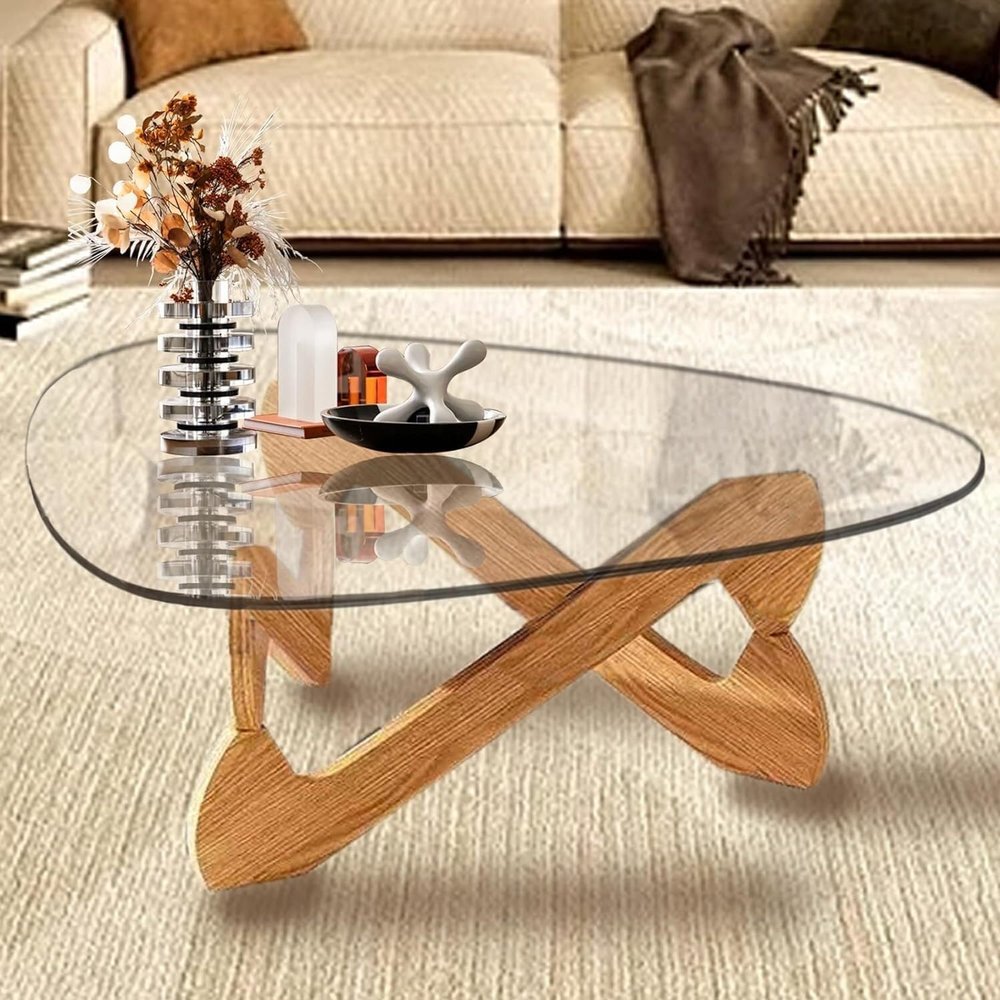Coffee Tables for Living Room-Triangle Glass Coffee Table with Irregular Wooden Base End Table,Mid-Century Modern Abstract End Table,for Study Room Office Hotel Balcony(32.3in, Wood-Transparent)(Wood-