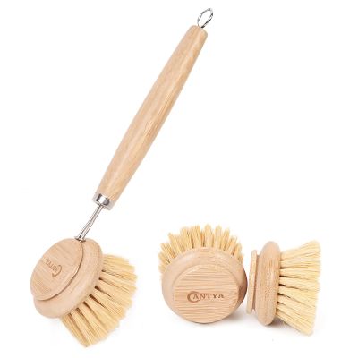 Bamboo Scrub Brush with Handle - Soft Bristles Non Toxic Dish Brush Compostable & Biodegradable Bamboo Dish Scrubber for Cookware Bowls and Plates Non-Stick Pans