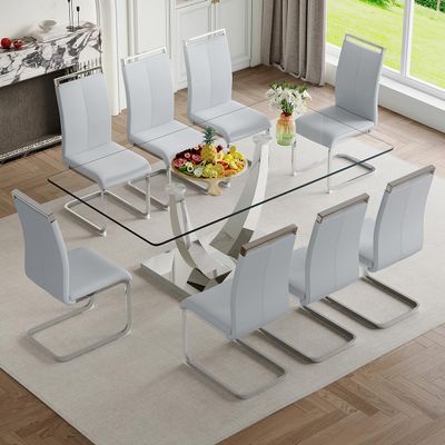 BAOPIN Glass Dining Table Set for 8, 71" Modern Tempered Glass Dining Table Set, 9 Pieces Kitchen Table and PU Cusion Dining Chairs for 8