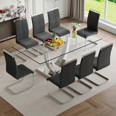 BAOPIN Glass Dining Table Set for 8, 71" Modern Tempered Glass Dining Table Set, 9 Pieces Kitchen Table and PU Cusion Dining Chairs for 8