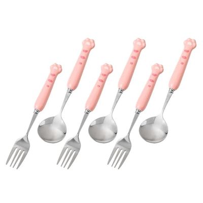 (6 Pieces) Cartoon Cat Claw Ceramic Handle Stainless Steel Spoon Fork Personalized Tableware Fork Eating Spoon Spoon Home (Pink cat's paw)