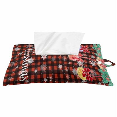 1pcs Tissue Box Cover,Paper Sleeve Christmas Bell Berry Balls Reusable Tissue Holder Hanging Tissue Bag,Winter Snowflake on Black Red Gingham Decorative Napkin Container for Car,Bathroom,Office