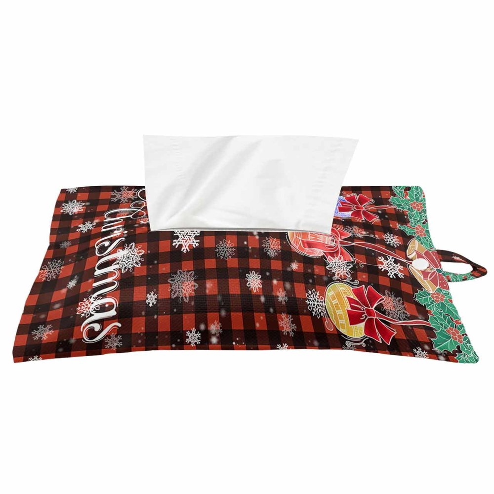 1pcs Tissue Box Cover,Paper Sleeve Christmas Bell Berry Balls Reusable Tissue Holder Hanging Tissue Bag,Winter Snowflake on Black Red Gingham Decorative Napkin Container for Car,Bathroom,Office