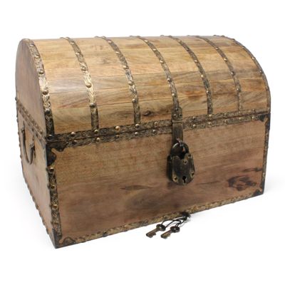 Nautical Cove Antiqued Finished Wood Treasure Chest with Decorative Rivets and Reinforcing Iron Strips with Lock and Skeleton Keys (Light Antique, X-Large 16x12x12)