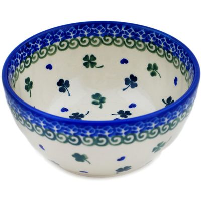 Polmedia Polish Pottery Bowl 5-inch - Lucky Clovers Pattern Handmade in Boleslawiec Poland by Ceramika Bona + Certificate of Authenticity