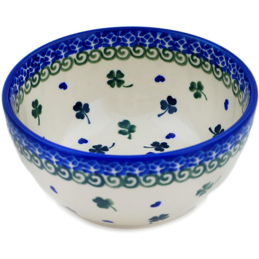 Polmedia Polish Pottery Bowl 5-inch - Lucky Clovers Pattern Handmade in Boleslawiec Poland by Ceramika Bona + Certificate of Authenticity