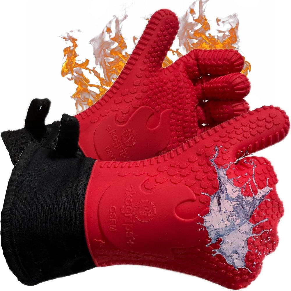 Ekogrips Plus Oven Gloves with Fingers, Comfy Waterproof Silicone Oven Mitts Heat Resistant with Long Cuff, Insulated BBQ Gloves Perfect for Grilling, Baking, Smoker, Canning, Pizza, Red, Hot Mitts