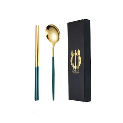 SEELLODGE Silverware Flatware Cutlery Set, 2/8/12/16pcs Stainless Steel Portuguese Chopsticks Spoon Gift Box Set Spoon Chopsticks Gift Tableware(Green Gold,2 Pieces for 1)