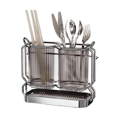 FKEE55UED Kitchen Utensil Holder Utensil Holder with 2 Compartments and Stainless Steel Rack, Wall Mounted/Countertop Utensil Caddy Organizer with Removable Drain Tray, Gray Cooking Utensil Holder