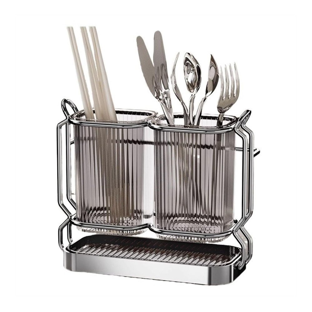 FKEE55UED Kitchen Utensil Holder Utensil Holder with 2 Compartments and Stainless Steel Rack, Wall Mounted/Countertop Utensil Caddy Organizer with Removable Drain Tray, Gray Cooking Utensil Holder
