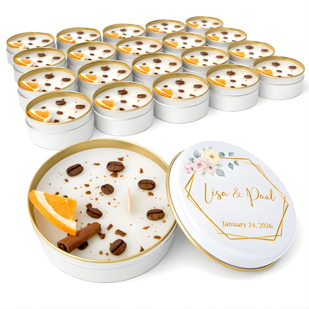 Personalized Coffee Scented Soy Wax Candle Favors with Cinnamon Stick & Dried Orange Rustic Wedding, Bridal & Baby Shower, Birthday, Christmas Event Gifts (10200 Bulk Available)