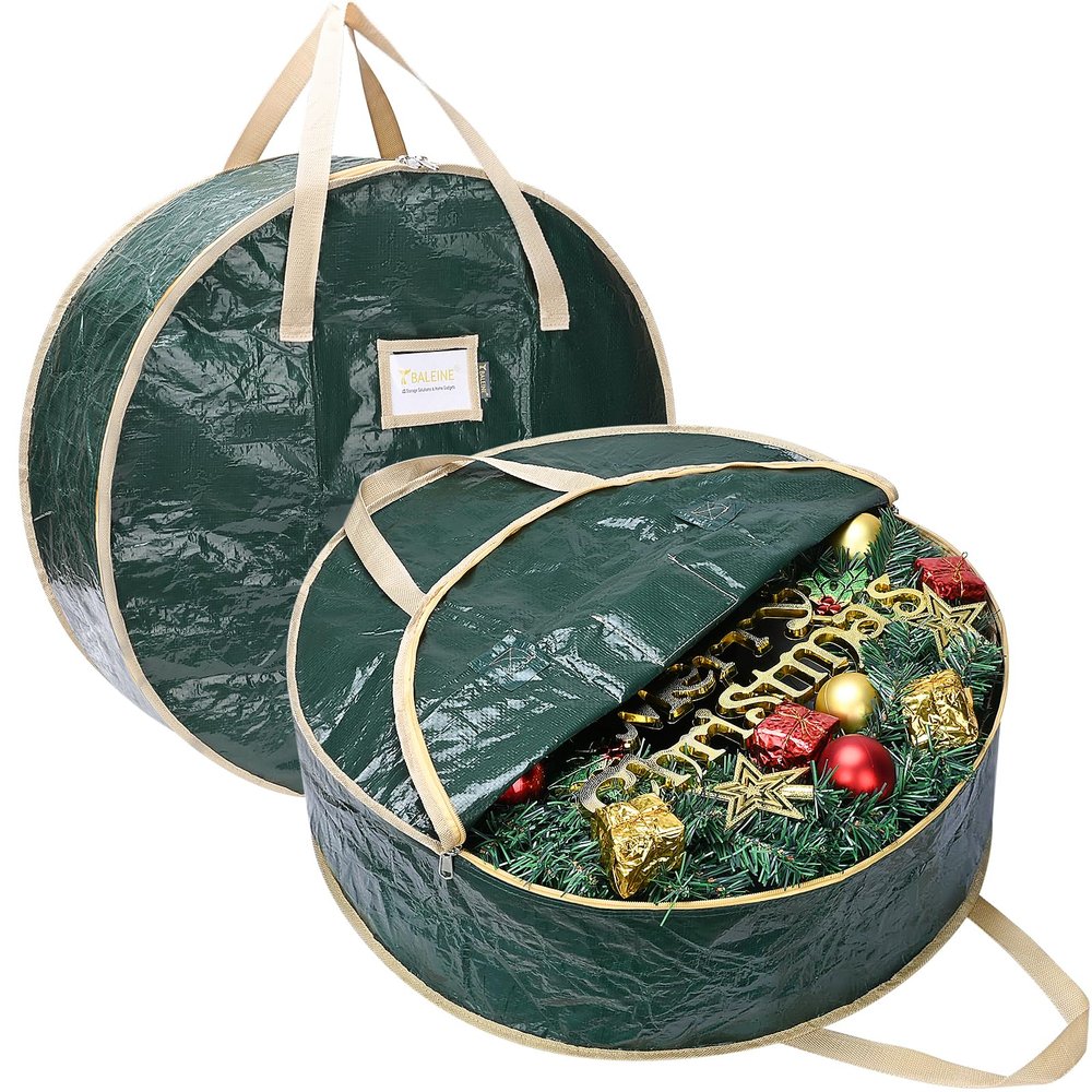 BALEINE Wreath Storage Container, 2 Pack Christmas Wreath Storage Bag with Tear Resistant PE Material and Reinforced Handle for Holiday Xmas (Green, 24"x8")