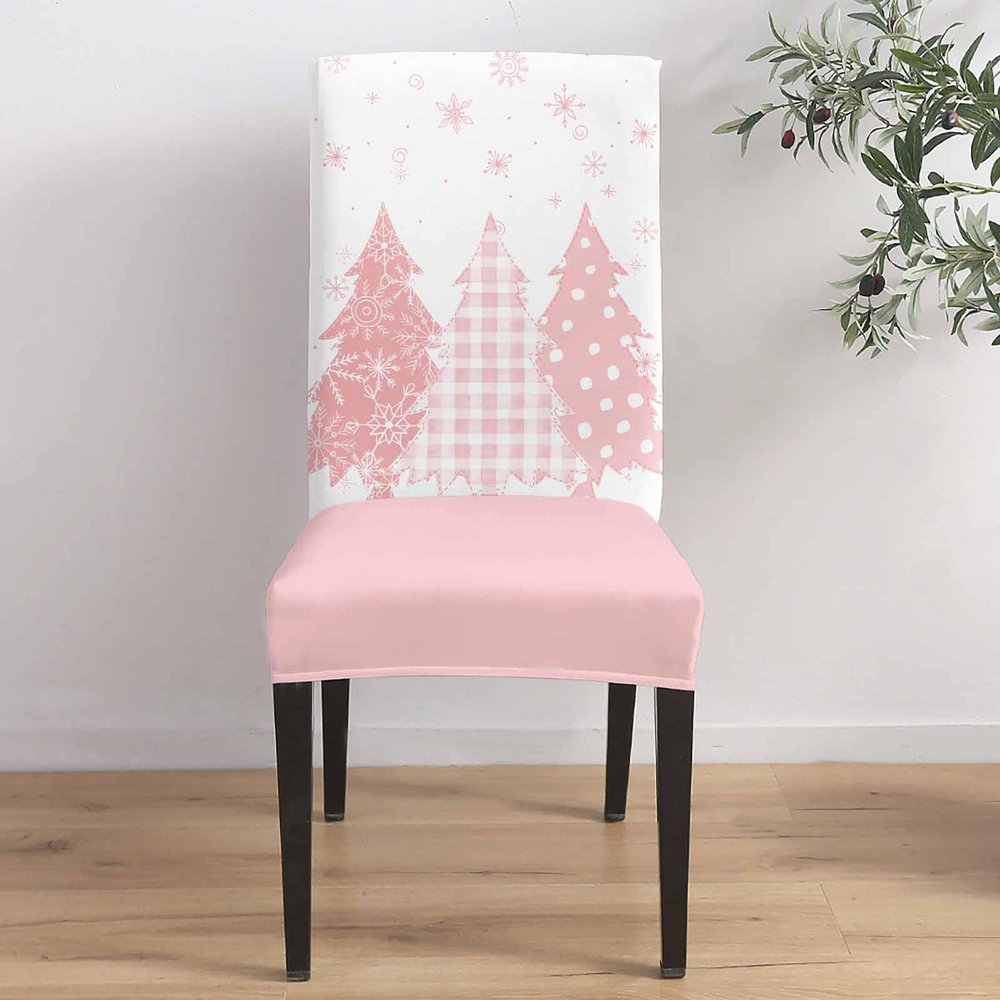 Pink Christmas Tree Dining Chair Cover Set of 6,Snowflakes Winter Boho Dot Plaid Stretch Chair Protectors Slipcover,Spandex Kitchen Chair Seat Back Cushion Slip Cover for Dining Room,Party,Hotel