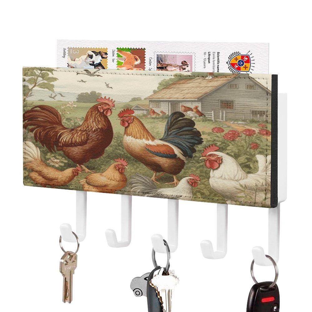 NHYDSPQ Wall Mounted Key Holder,Chickens and Farm Print Key Hanger,Wall Mounted Key Racks,Mail Organizer Wall Mount Hanging Key Rack
