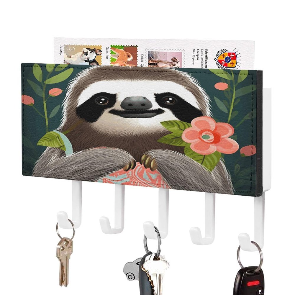 NHYDSPQ Wall Mounted Key Holder,Cute Sloth Print Key Hanger,Wall Mounted Key Racks,Mail Organizer Wall Mount Hanging Key Rack