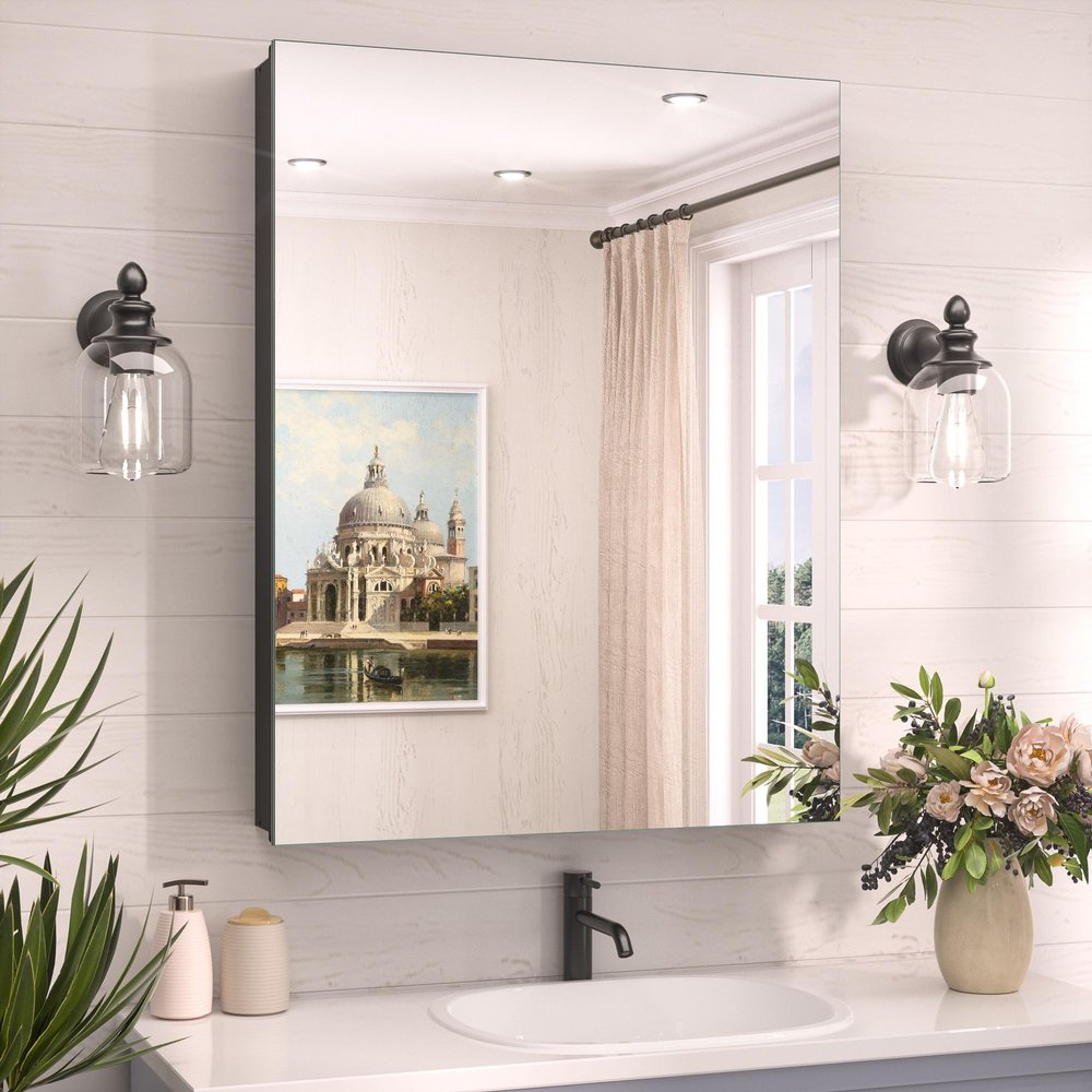 TokeShimi 24 x 32 Mirrored Medicine Cabinet Recessed or Surface Mount, Aluminum Tempered Bathroom Medicine Cabinet with Mirror with Storage Black Stepless Adjustable Metal Shelves Farmhouse