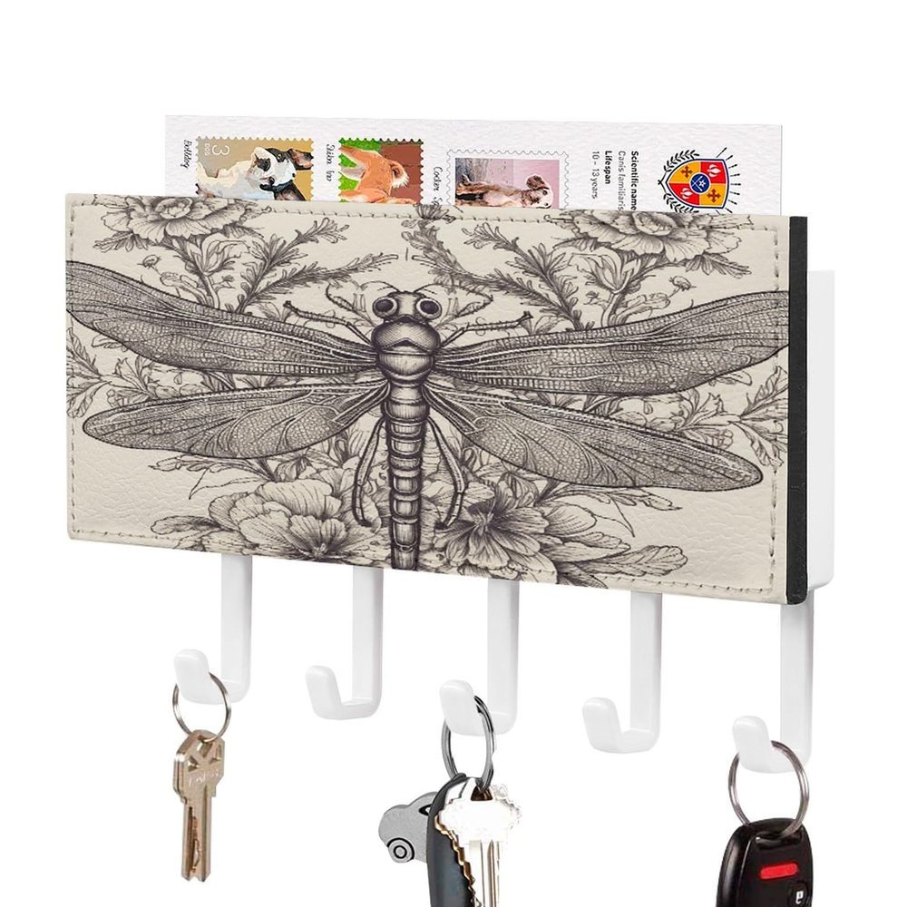 NHYDSPQ Wall Mounted Key Holder,Hand Drawn Floral Dragonfly Print Key Hanger,Wall Mounted Key Racks,Mail Organizer Wall Mount Hanging Key Rack