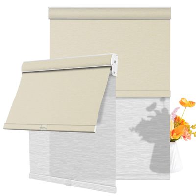 BERISSA Cordless Dual Roller Shades with Cassette Valance,Double Window Shades Blackout and Light Filtering Blinds,Day and Night Roller Blinds for Home Office Door.Beige and White.56 W x 36" H