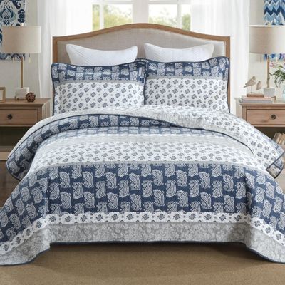 AJOCCI Quilt Bedding Set Queen Size, Cotton Comforters Set Queen Size,Navy Blue Grey Quilts Bedspread for The Bed, Farmhouse Lightweight Bedding (90 * 98 Inch) and 2 Pillow Shams All Season
