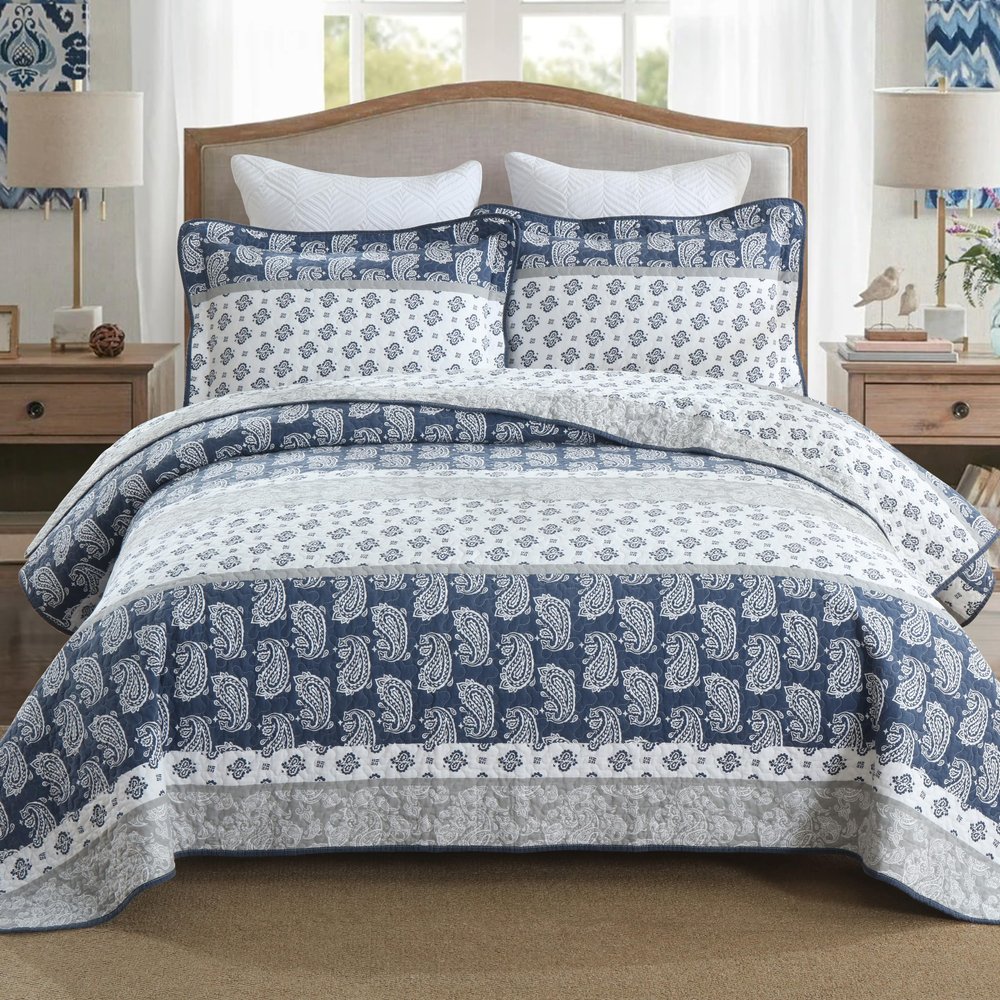 AJOCCI Quilt Bedding Set Queen Size, Cotton Comforters Set Queen Size,Navy Blue Grey Quilts Bedspread for The Bed, Farmhouse Lightweight Bedding (90 * 98 Inch) and 2 Pillow Shams All Season