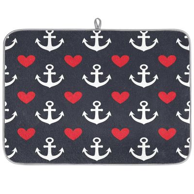 JMAVZWS Nautical Hearts Dish Drying Mat for Kitchen Counter 18 x 24 inches Microfiber Absorbent Dish Drying Pad Non-Slip Dish Drainer for Countertop Sink