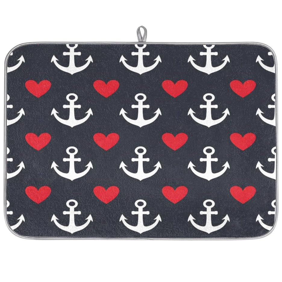 JMAVZWS Nautical Hearts Dish Drying Mat for Kitchen Counter 18 x 24 inches Microfiber Absorbent Dish Drying Pad Non-Slip Dish Drainer for Countertop Sink