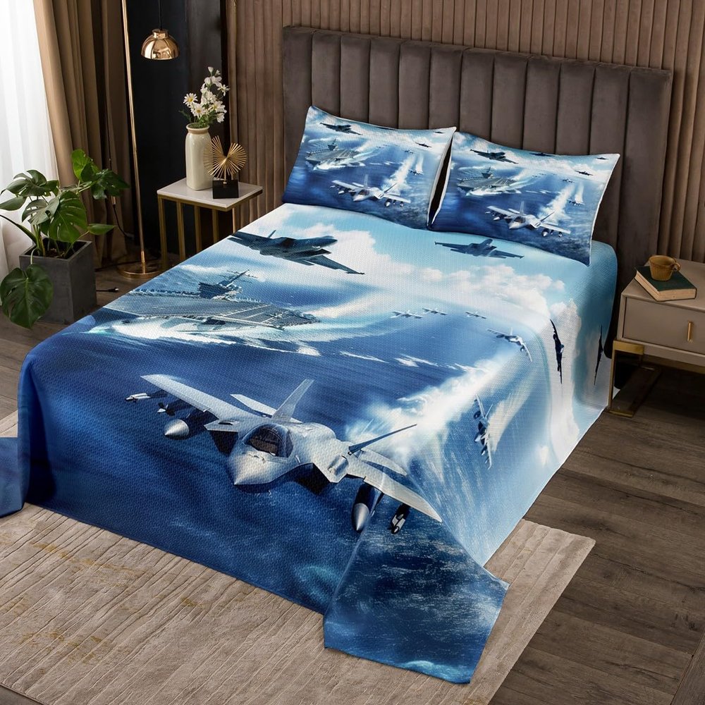 Warplane Kids Bedspread King Size,Aviation Aircraft Warship Coverlet Set,Boys Men Room Decor,Modern Fighter Airplane Fashion Quilted Coverlet,Ocean Blue Bedding Quilt,2 Pillowcases