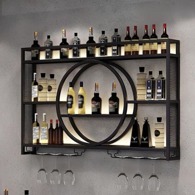 DDZYC Wall Mount Wine Rack, Wall Mounted Led Wine Rack Wine Glass Rack, Hanging Wine Rack, Bar Liquor Bottle Display Shelf, Hanging Goblet Rack for Kitchen Bar Decoration Gold/Black(Black,Medium)