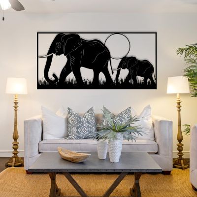 Mom and Baby Elephant Metal Wall Decor, Metal Elephant Wall Art, Elephant Wall Decor, Wildlife Wall Art, Metal Wall Art Wildlife, Nature Wall Art, Wall Decor Living Room (Black, 19x9in|47x22cm)