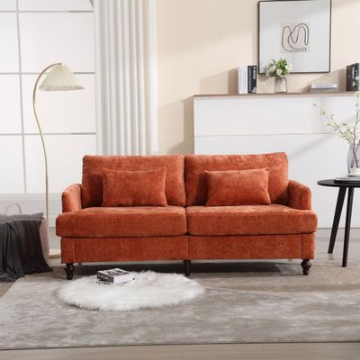 68.9" Mid Century Modern Sofa, Loveseat Sofa, Chenille Upholstered Sofa, Two Seater Couch, Mini Cloud Couch, Comfy Couches for Living Room, Lounge Sofa with Brown Wood Feet for Bedroom (Dark Orange)