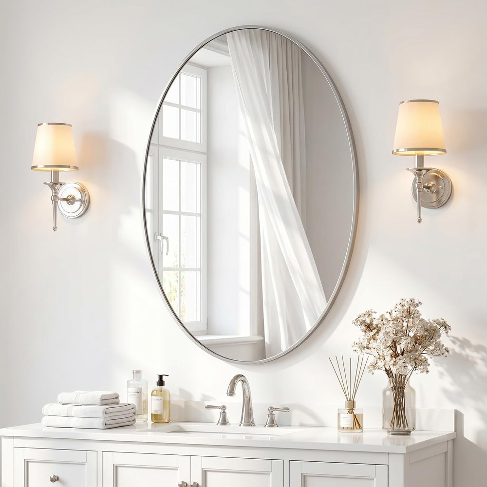 Oval Mirror 24x36 Brushed Nickel Bathroom Mirrors Stainless Steel Metal Frame Vanity Mirror Wall Mount Mirror for Entryway Bedroom Bathroom Living Room
