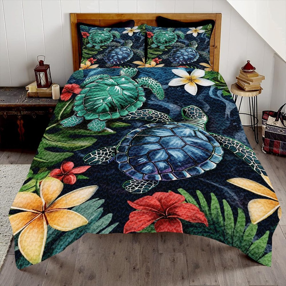 DESTACOZIE Turtle Quilt Queen - Hibiscus Turtle Quilts - Personalized Sea Turtles Bed Set Twin Polynesian Tribal Bedding, Sea Turtle Theme Quilt Bedroom