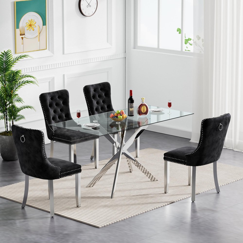 KUVADAZ 51" Modern Silver Glass Dining Room Table Set for 4, 5-Piece Rectangle Kitchen Dining Table Set with Cross Chrome Metal Legs & 4 Black Velvet Upholstered Chairs, Kitchen Table and Chairs Set