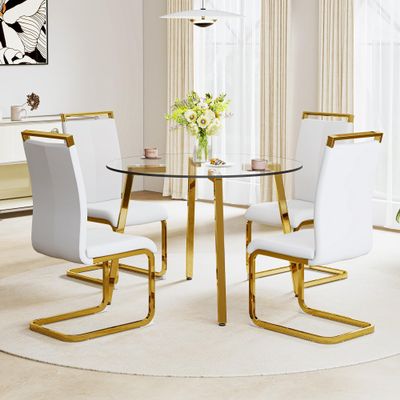 5-Piece Dining Table Set for 4, Round Glass Dining Table Set for 4, Tempered Glass Table Top&4 Chairs with Faux Leather Padded Seat High Back and Sturdy Electroplated Gold Legs.